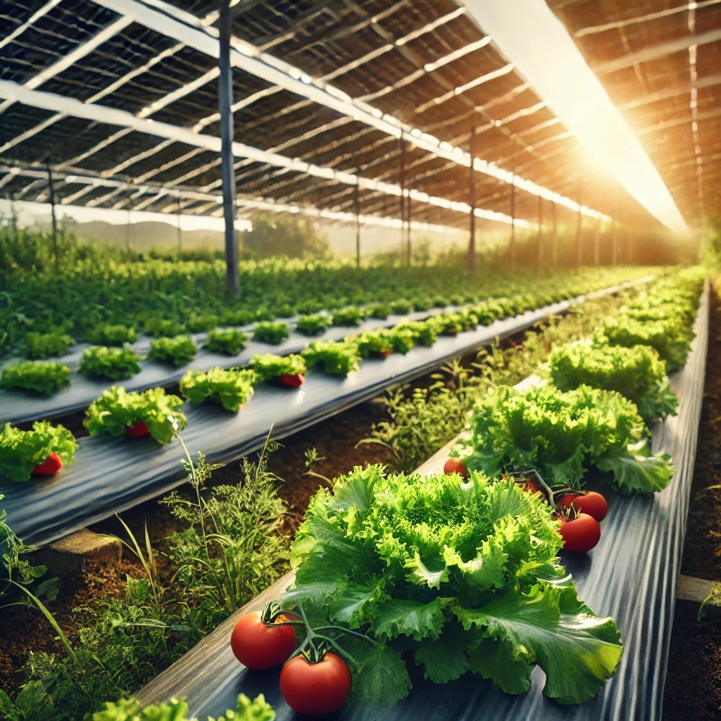 Agrivoltaics Challenges and Benefits Healthy crops growing under elevated solar panels Devaland